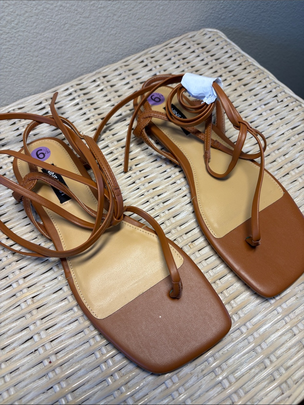 Nine West Cognac Lace-Up Toe-Loop Sandals